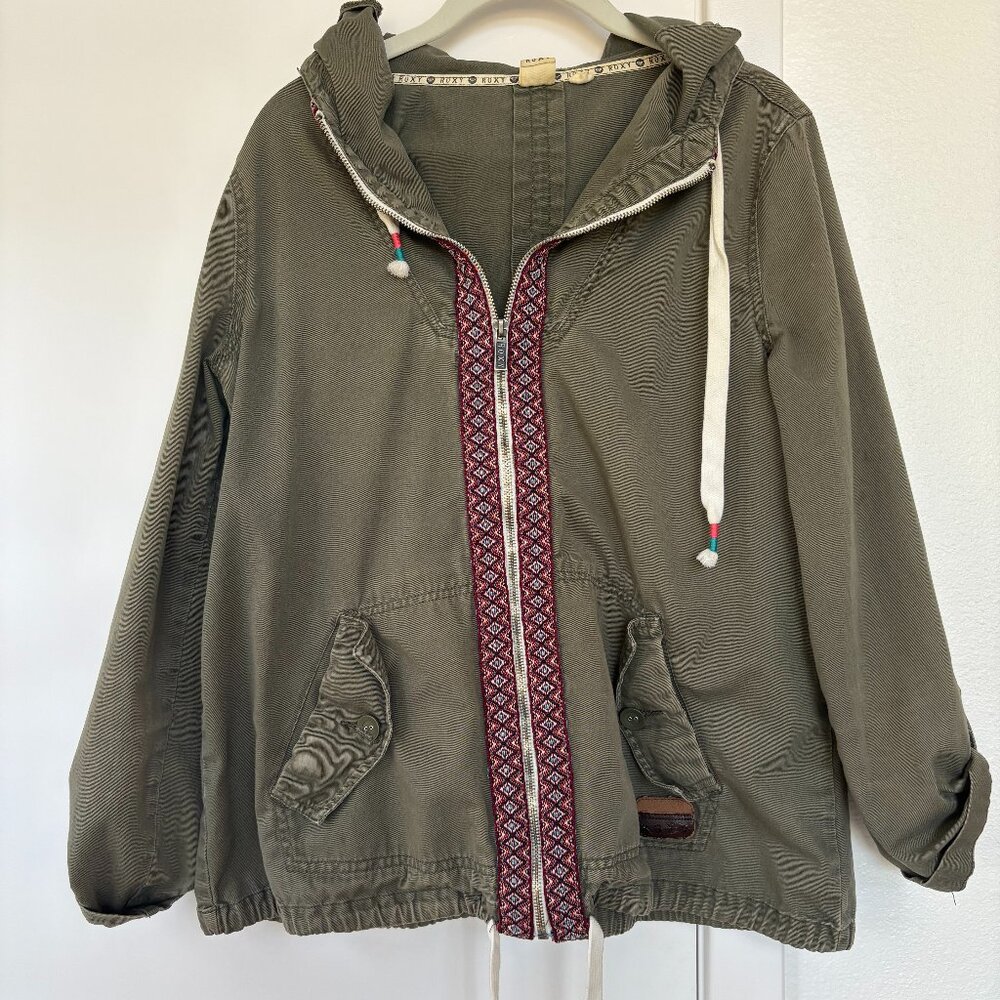 Roxy Olive Green Boho Embroidered Jacket, Hood and Front Pockets, Drawstring, M